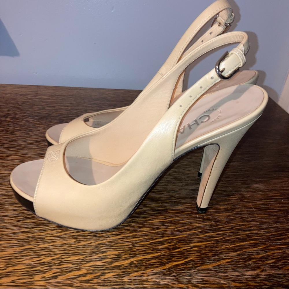 Chanel Beige Leather CC Peep Toe Platform Slingback Sandals